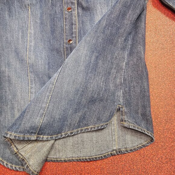 Vtg Lawman Western Pearl Snap Denim Shirt L Faux Suede Rodeo Retro Rockabilly - Picture 4 of 11
